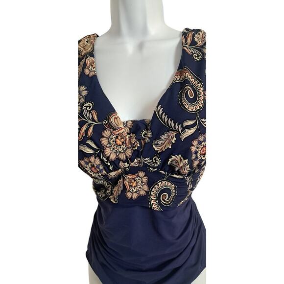 Lands End 1 Piece Swimsuit Sz 14 Navy Paisley Shirred Soft Cup Bra Slimming Boho - Picture 3 of 9